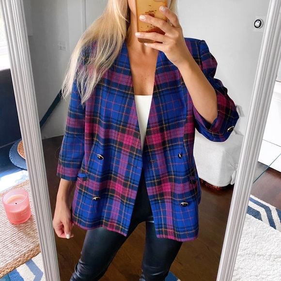 💙 CLASSY BLUE PINK MULTI PLAID BLAZER JACKET! - Picture 1 of 15